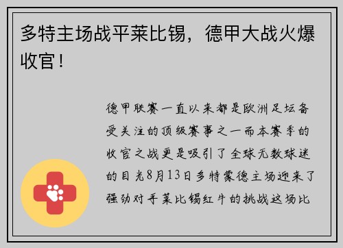 多特主场战平莱比锡，德甲大战火爆收官！