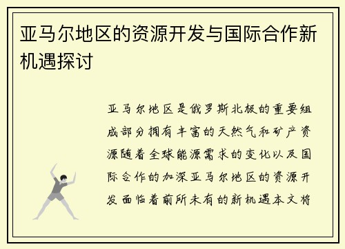 亚马尔地区的资源开发与国际合作新机遇探讨